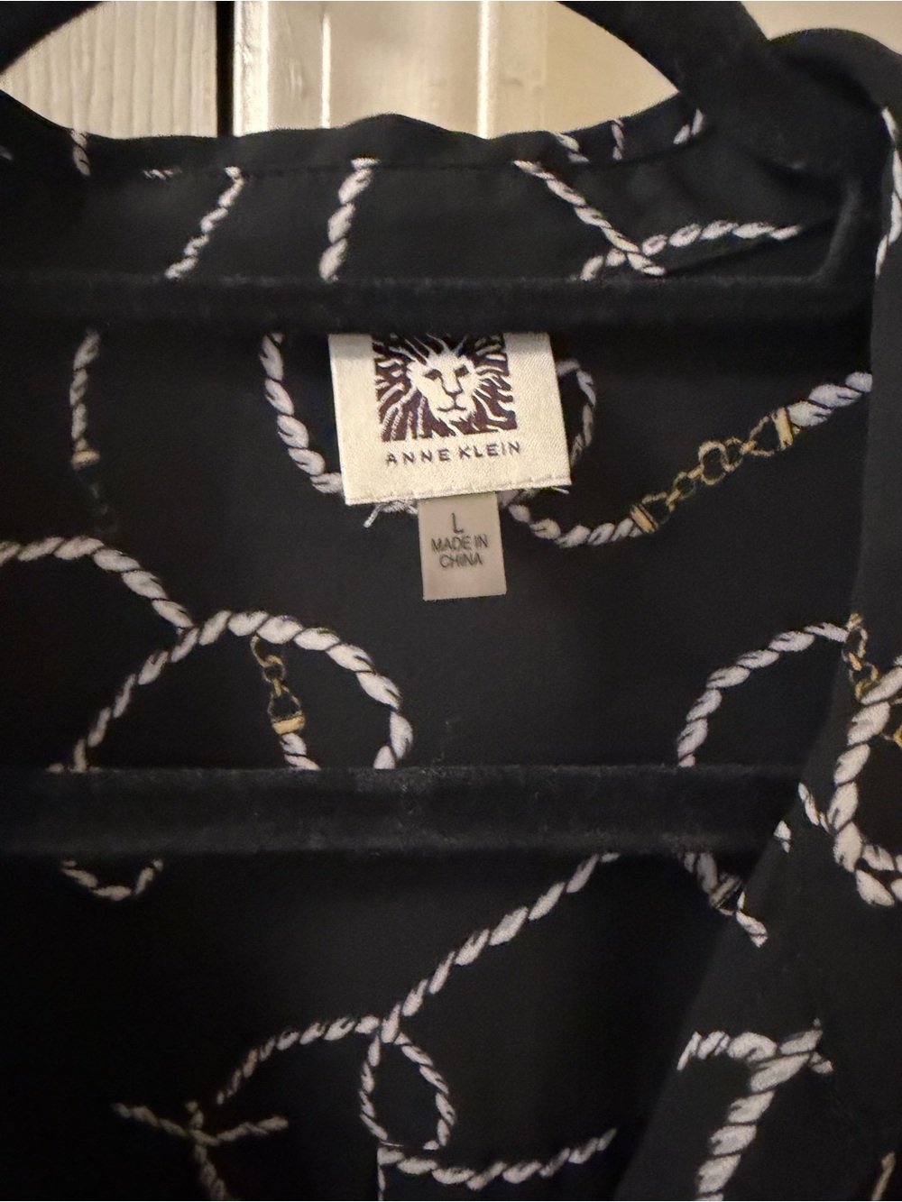 Anne Klein Black Blouse with White Rope and Gold Chain Motif